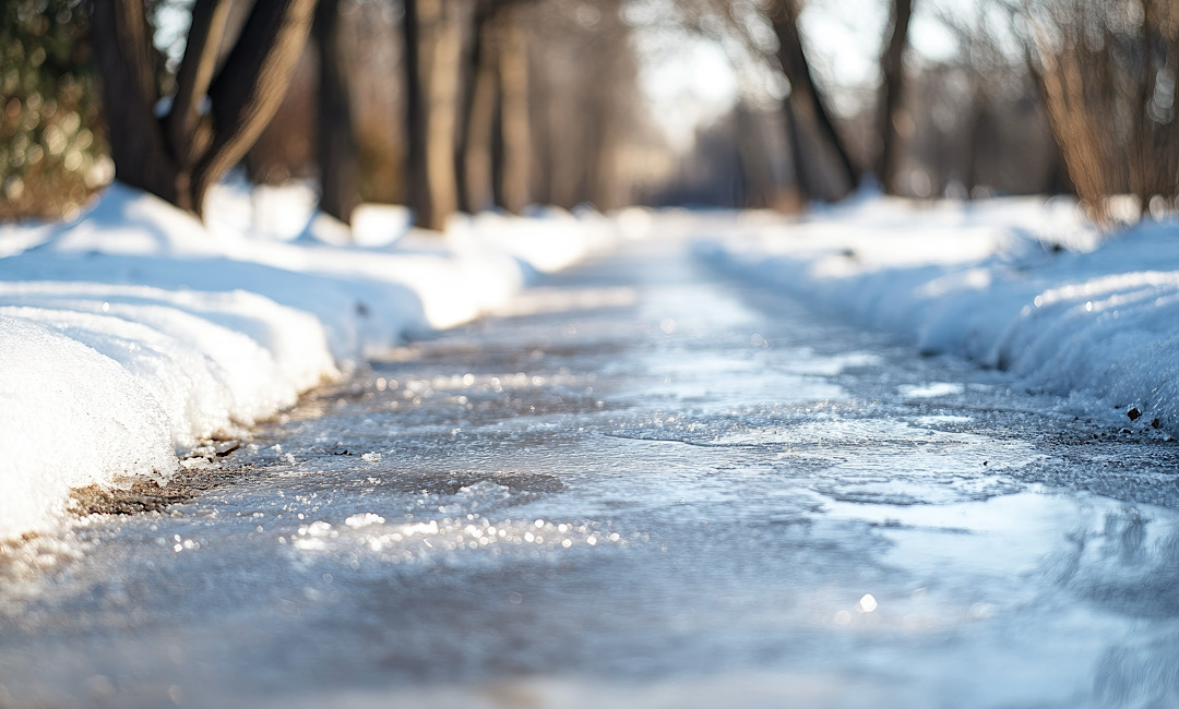 Icy sidewalk covered in snow melting in the sunlight will need side walk leveling in Denver